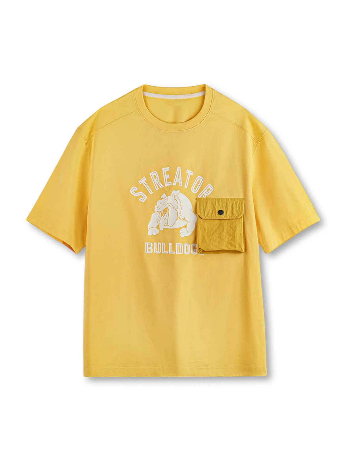 ブルドッグモチーフを高密度フロック加工で立体的に表現したポケット付きTシャツ