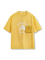 ブルドッグモチーフを高密度フロック加工で立体的に表現したポケット付きTシャツ