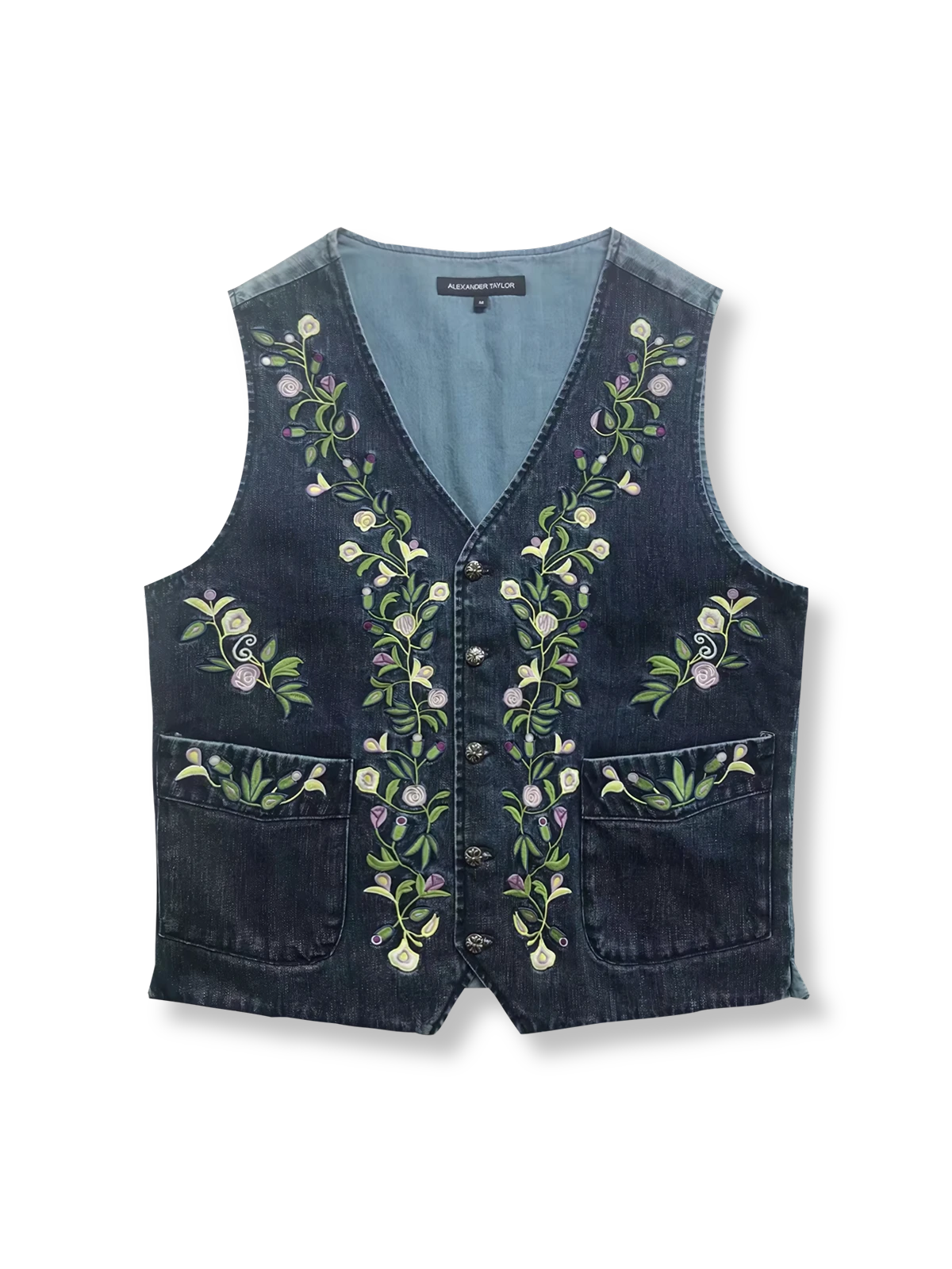 花柄刺繍が映えるウォッシュドデニムベスト。