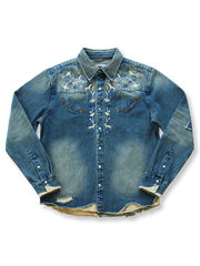 フラワー刺繍とパッチが映える厚手デニムの長袖ウエスタンシャツ