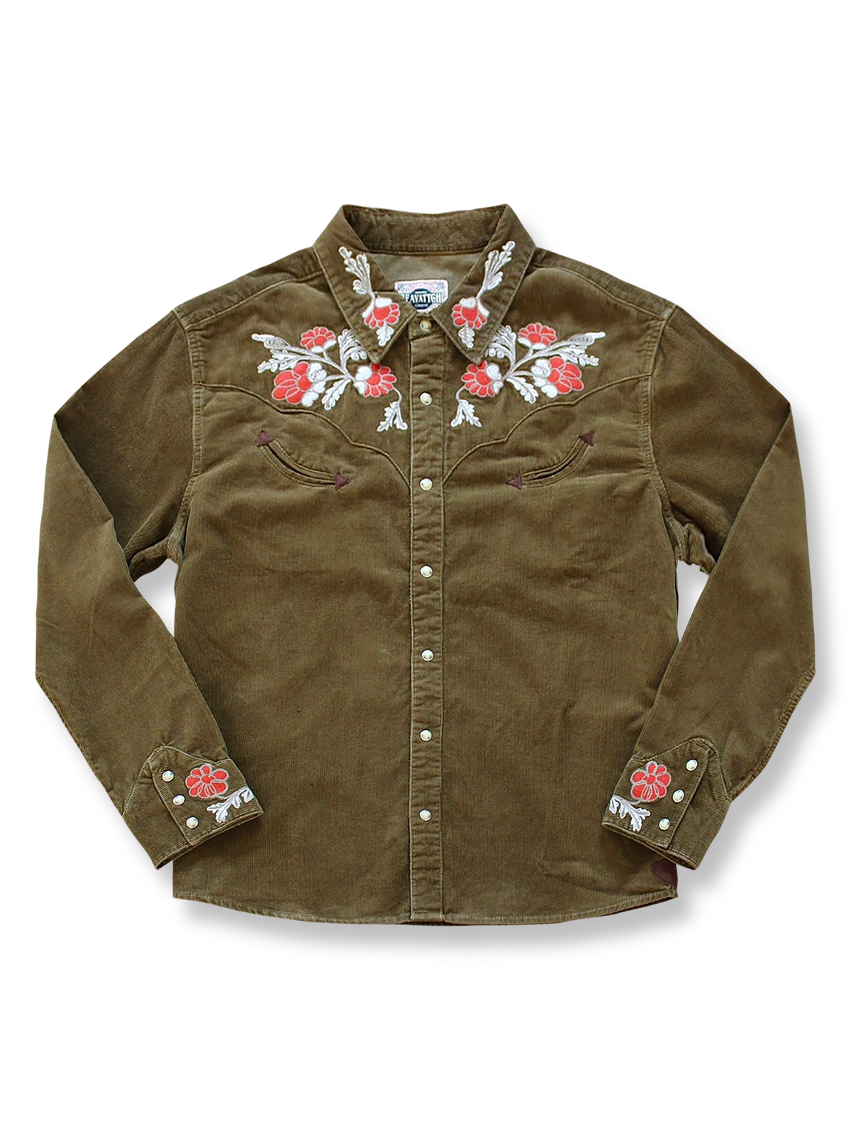 フラワー刺繍とレザー＆ラムスキンディテールが映えるウエスタンコーデュロイ長袖シャツ