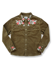 フラワー刺繍とレザー＆ラムスキンディテールが映えるウエスタンコーデュロイ長袖シャツ