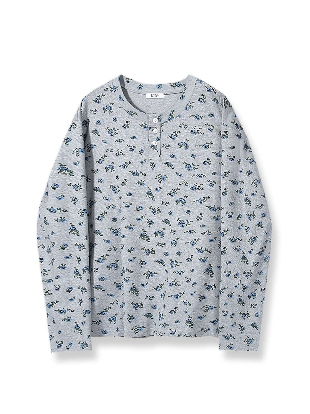 花柄プリントとヘンリーネックが特徴の長袖Tシャツ