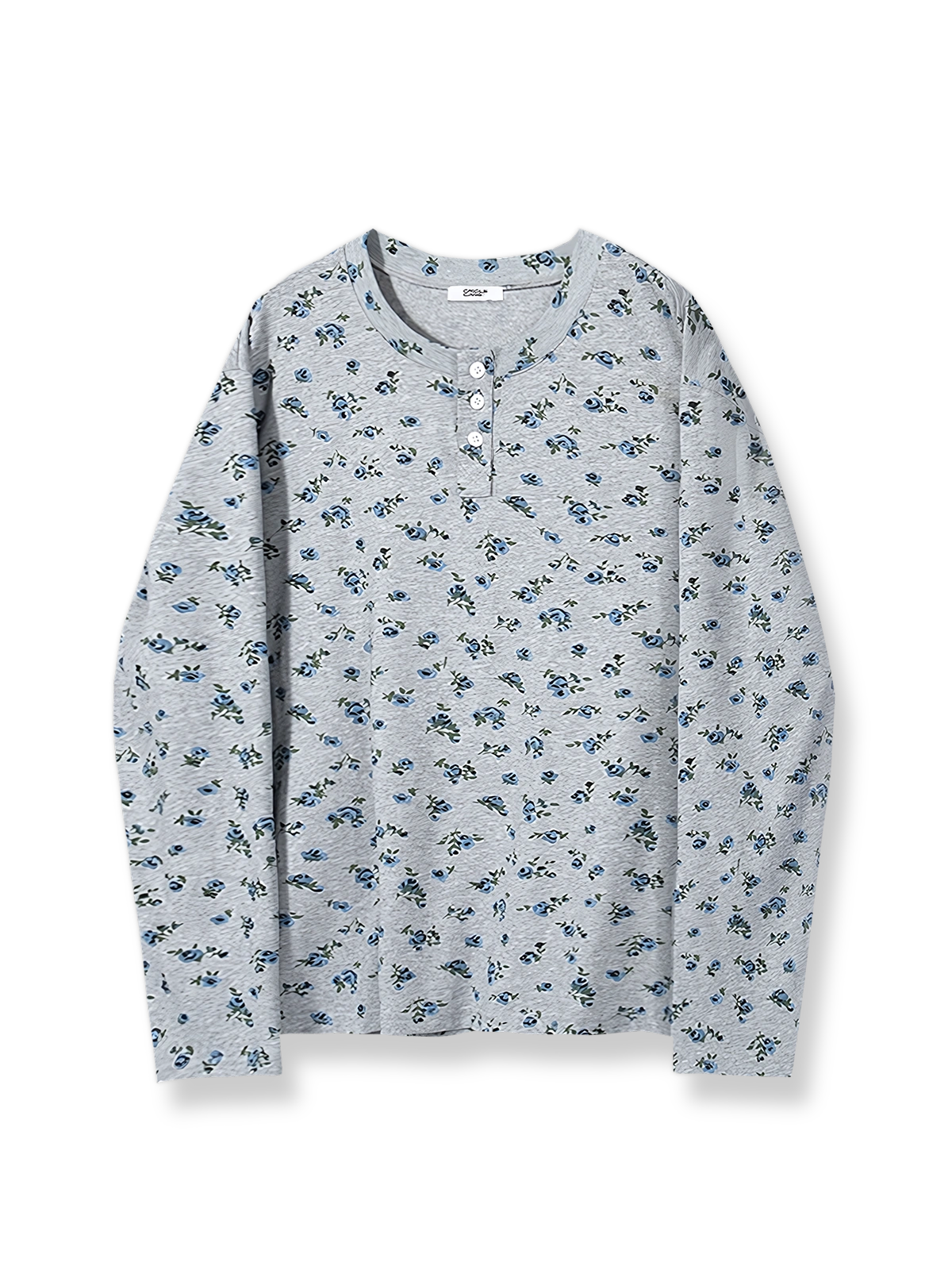 花柄プリントとヘンリーネックが特徴の長袖Tシャツ