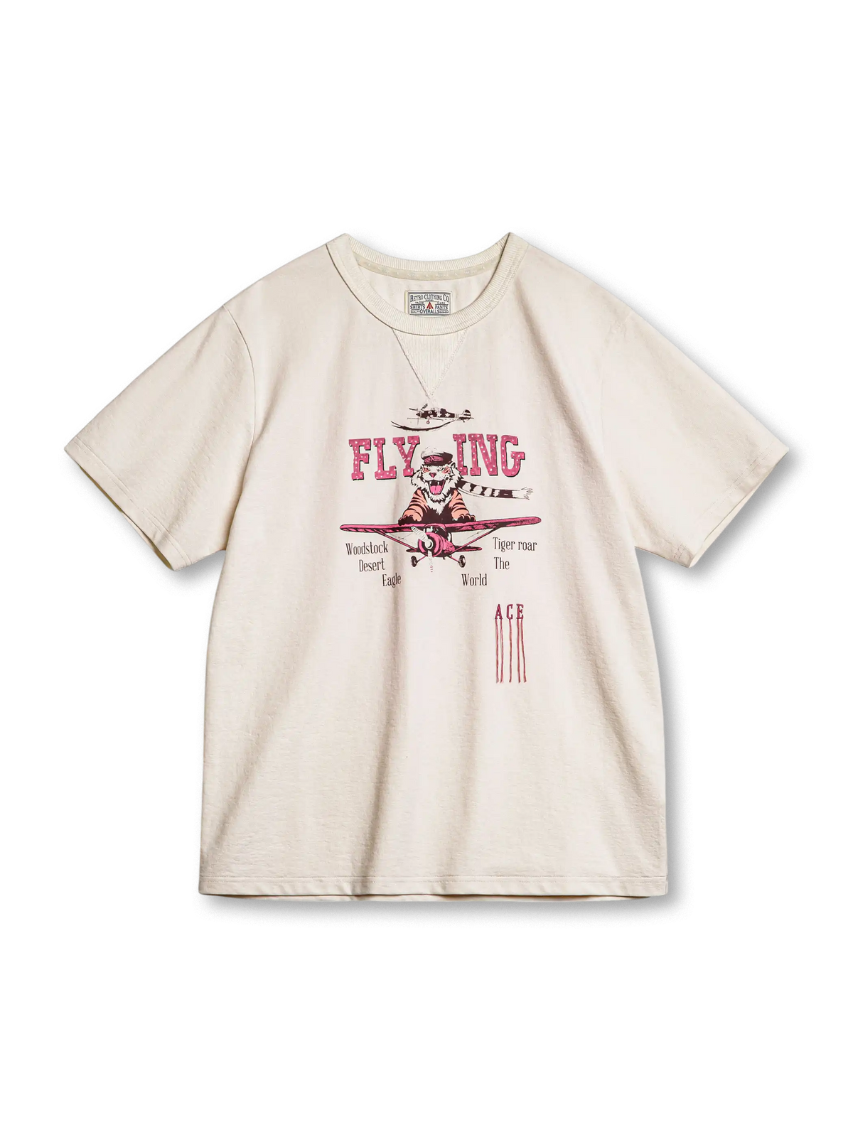 猛虎と戦闘機の大胆プリントが特徴の混紡素材Tシャツ。90年代ヴィンテージディテール付きで快適な着心地