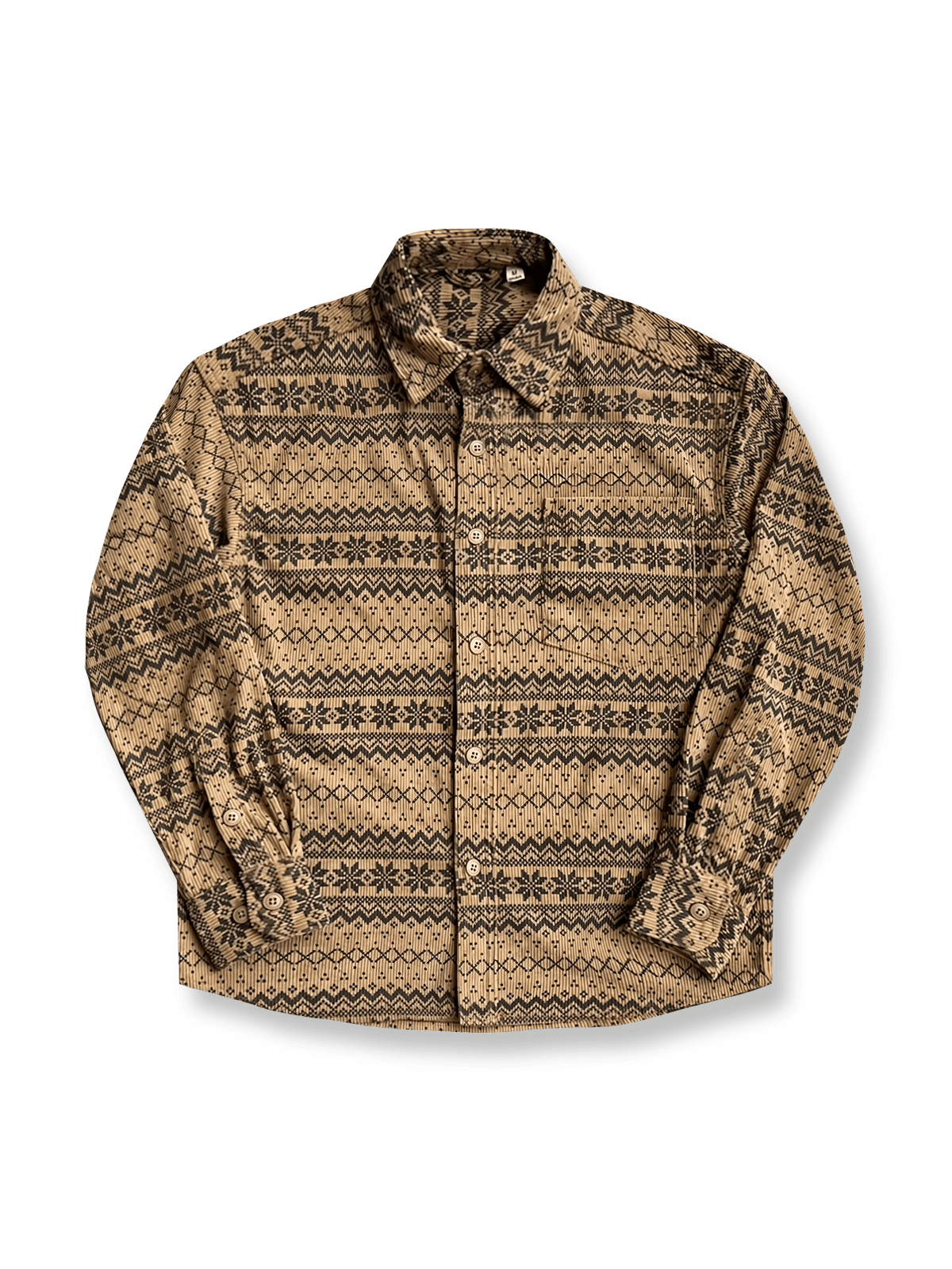 4色展開の民族風プリントが映えるストレッチコーデュロイシャツ