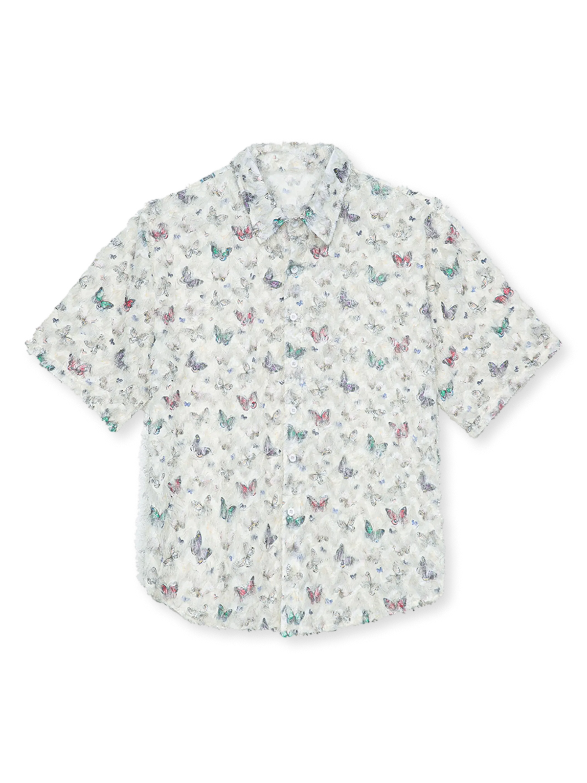 彩色蝶モチーフのジャカード織りとフリンジが特徴の上品なシャツ