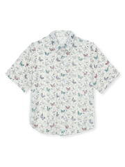 彩色蝶モチーフのジャカード織りとフリンジが特徴の上品なシャツ