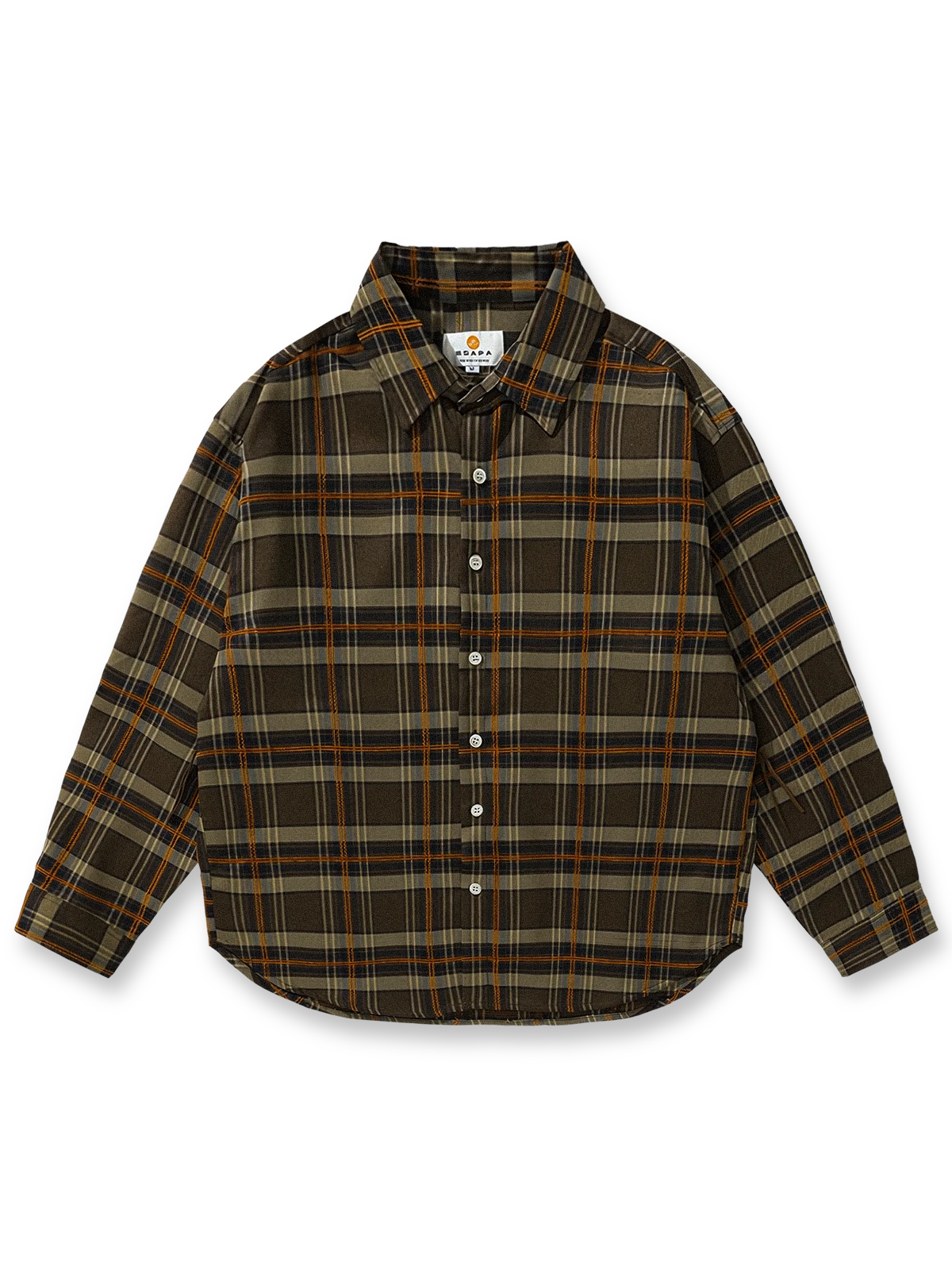 フレンチワーク風のレトロチェック柄長袖シャツ。伸縮素材とルーズフィットで快適な着心地。