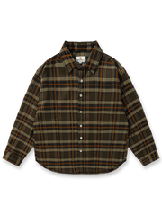 フレンチワーク風のレトロチェック柄長袖シャツ。伸縮素材とルーズフィットで快適な着心地。