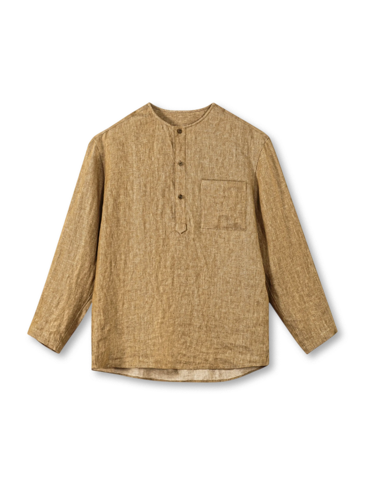 ヘリンボーン織りの高密度フレンチリネンと無構造ノーカラーが特徴のヘンリーネックシャツ