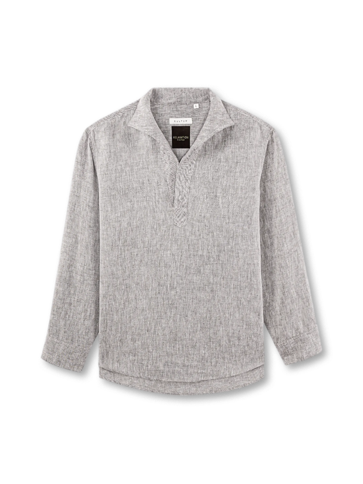 斜文織りリネンと一片襟スキッパーデザインが特徴のエフォートレス長袖シャツ