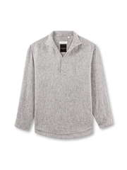 斜文織りリネンと一片襟スキッパーデザインが特徴のエフォートレス長袖シャツ