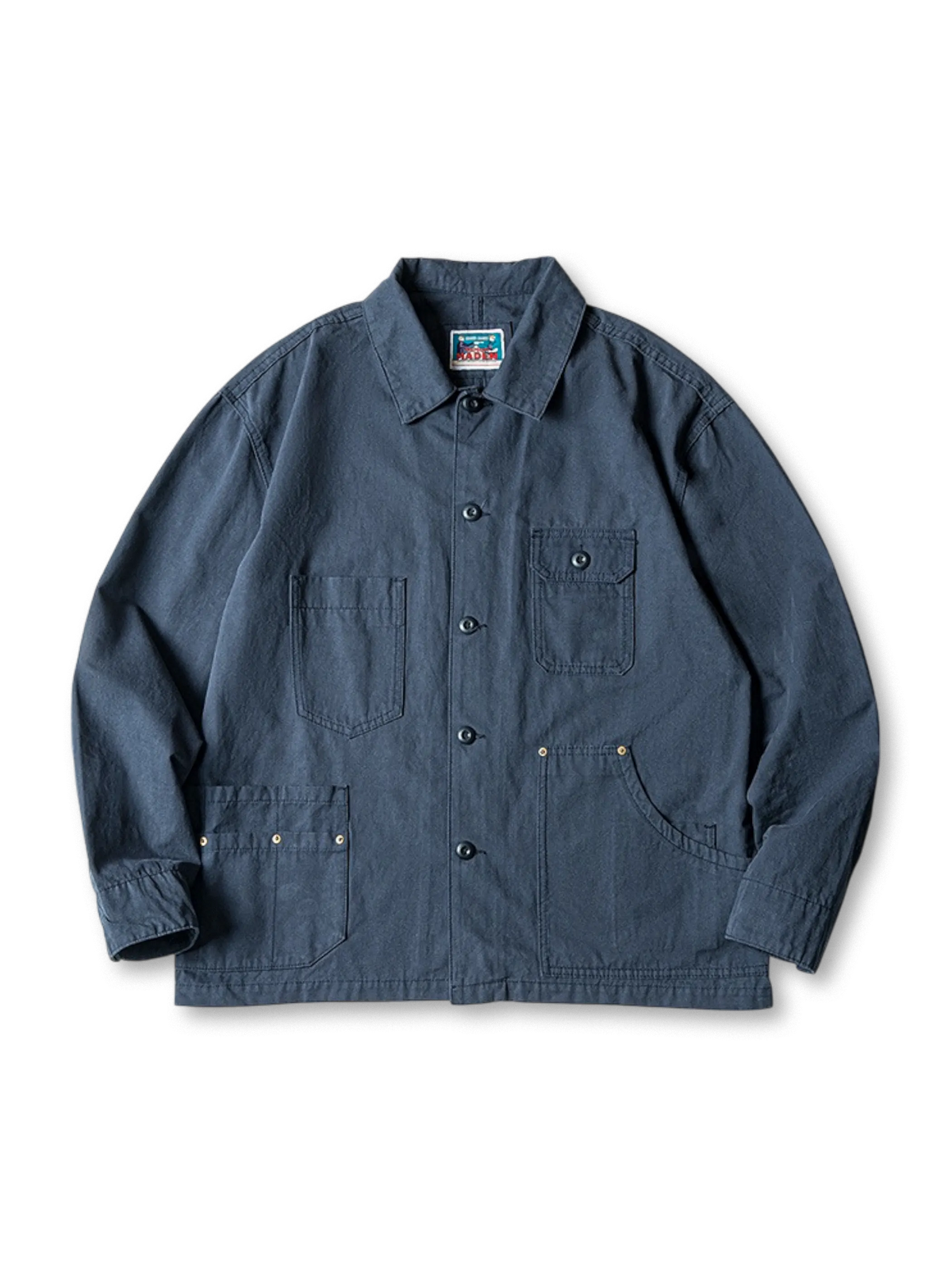  フレンチワーク伝統を活かした多ポケット付きネイビーヘビーウェイトコットンコーチジャケット