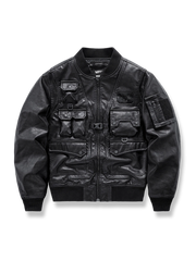 フォルスレイヤー構造と多機能ポケット付きのレザーフライトジャケット