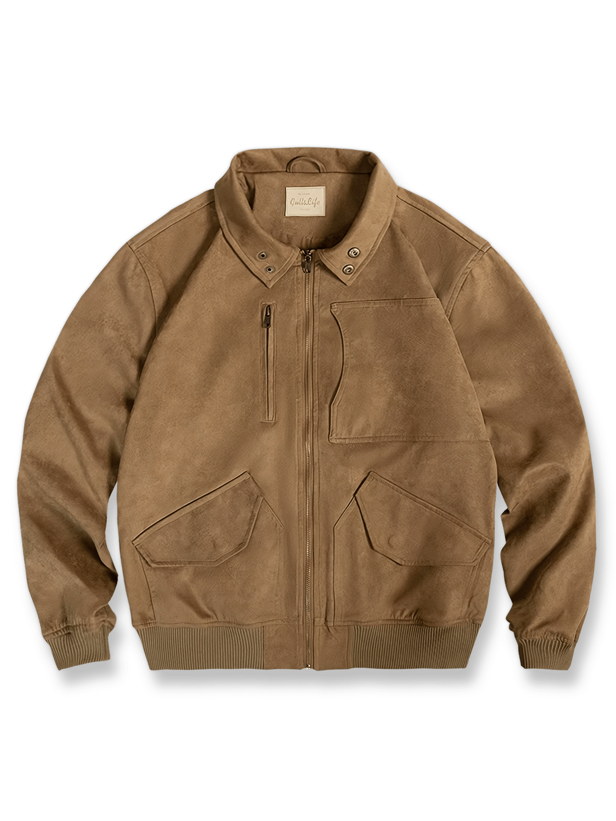 マットな質感のフェイクスエードと真鍮パーツが特徴のG01ミリタリージャケット。