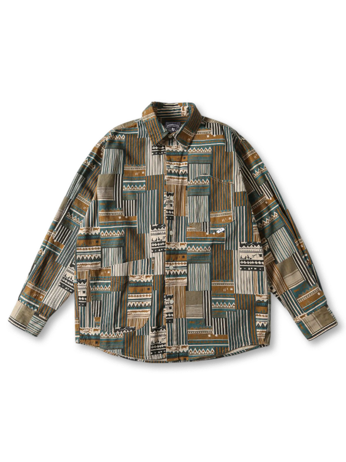 幾何学パネルプリントとドロップショルダーが映える長袖シャツ