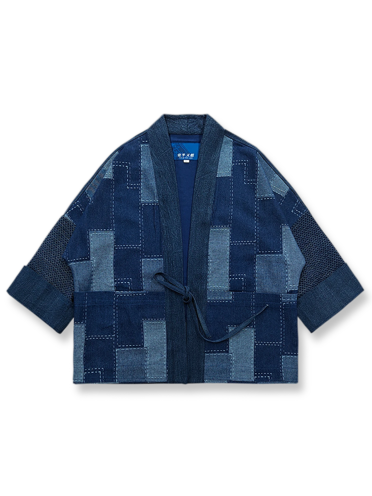 インディゴ染めデニムコットンに幾何学パッチワークを施したショートカフタンシャツ