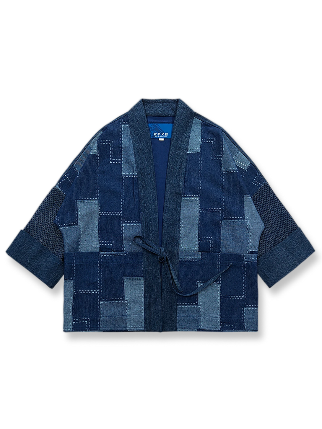 インディゴ染めデニムコットンに幾何学パッチワークを施したショートカフタンシャツ
