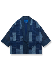 インディゴ染めデニムコットンに幾何学パッチワークを施したショートカフタンシャツ