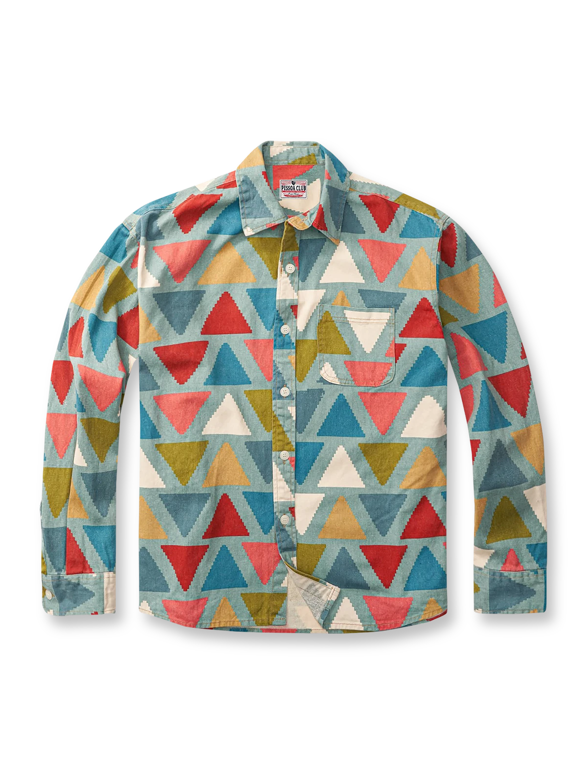 ジオメトリック柄と花模様を組み合わせた水洗い加工のロングスリーブシャツ。