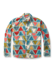 ジオメトリック柄と花模様を組み合わせた水洗い加工のロングスリーブシャツ。