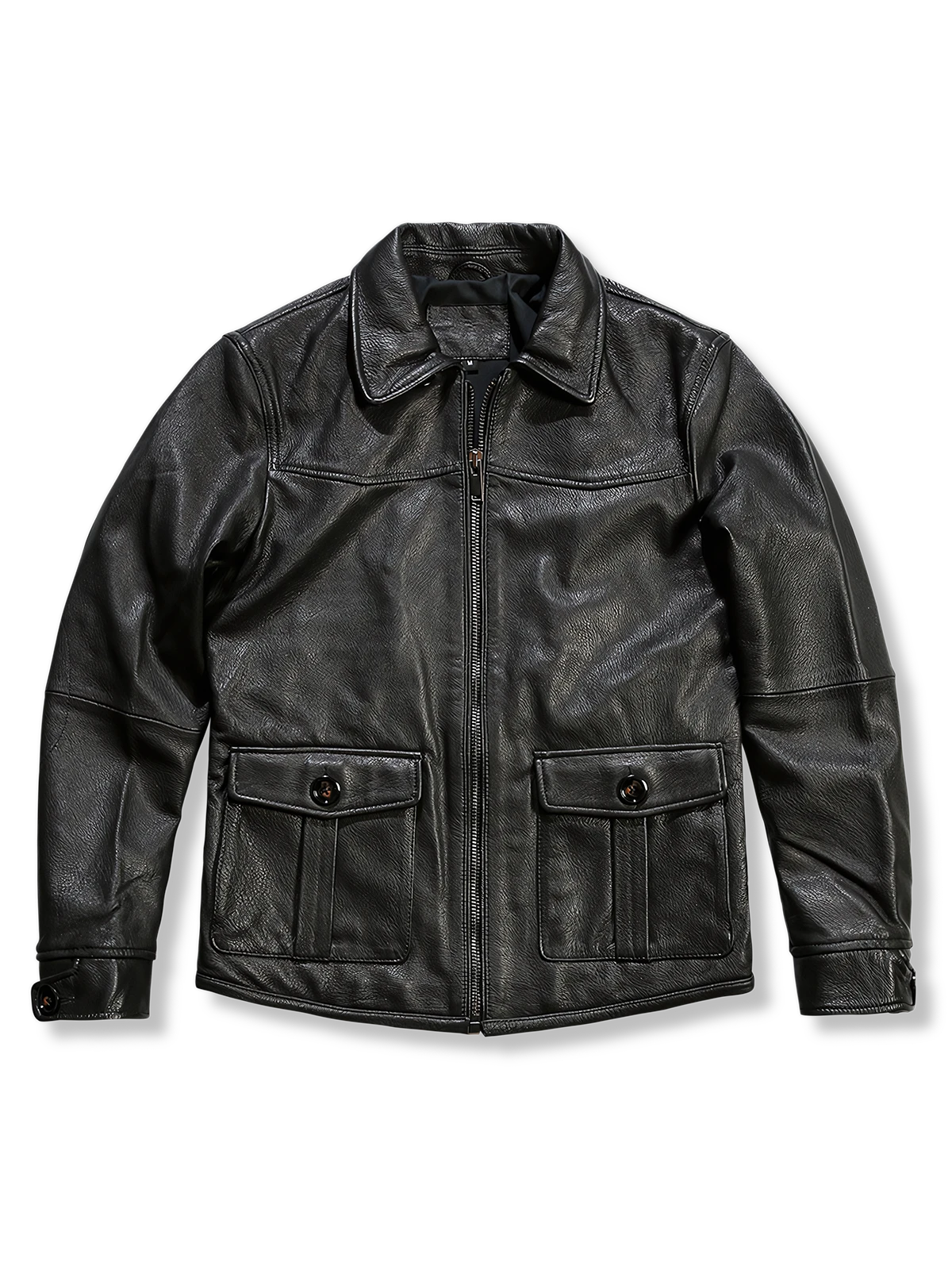 山羊革を使用したシンプルデザインのゴートレザージャケットの全体とポケットディテールを写した写真