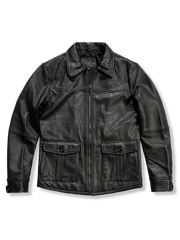 山羊革を使用したシンプルデザインのゴートレザージャケットの全体とポケットディテールを写した写真