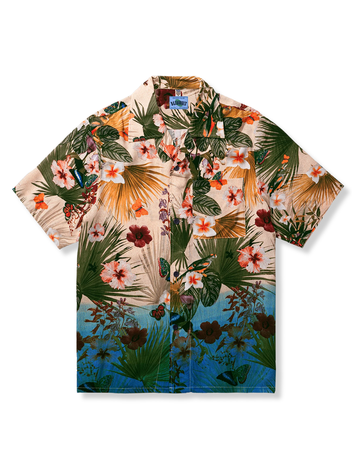 藍染めグラデーションと植物柄をあしらったアロハシャツ。