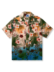 藍染めグラデーションと植物柄をあしらったアロハシャツ。