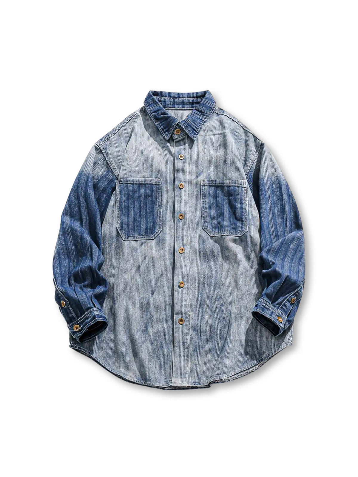 グラデーションバイダイ加工を施したヴィンテージ風ストライプデニムワークシャツ