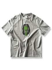 ヴィンテージウォッシュ加工とグレイプリントの半袖Tシャツ