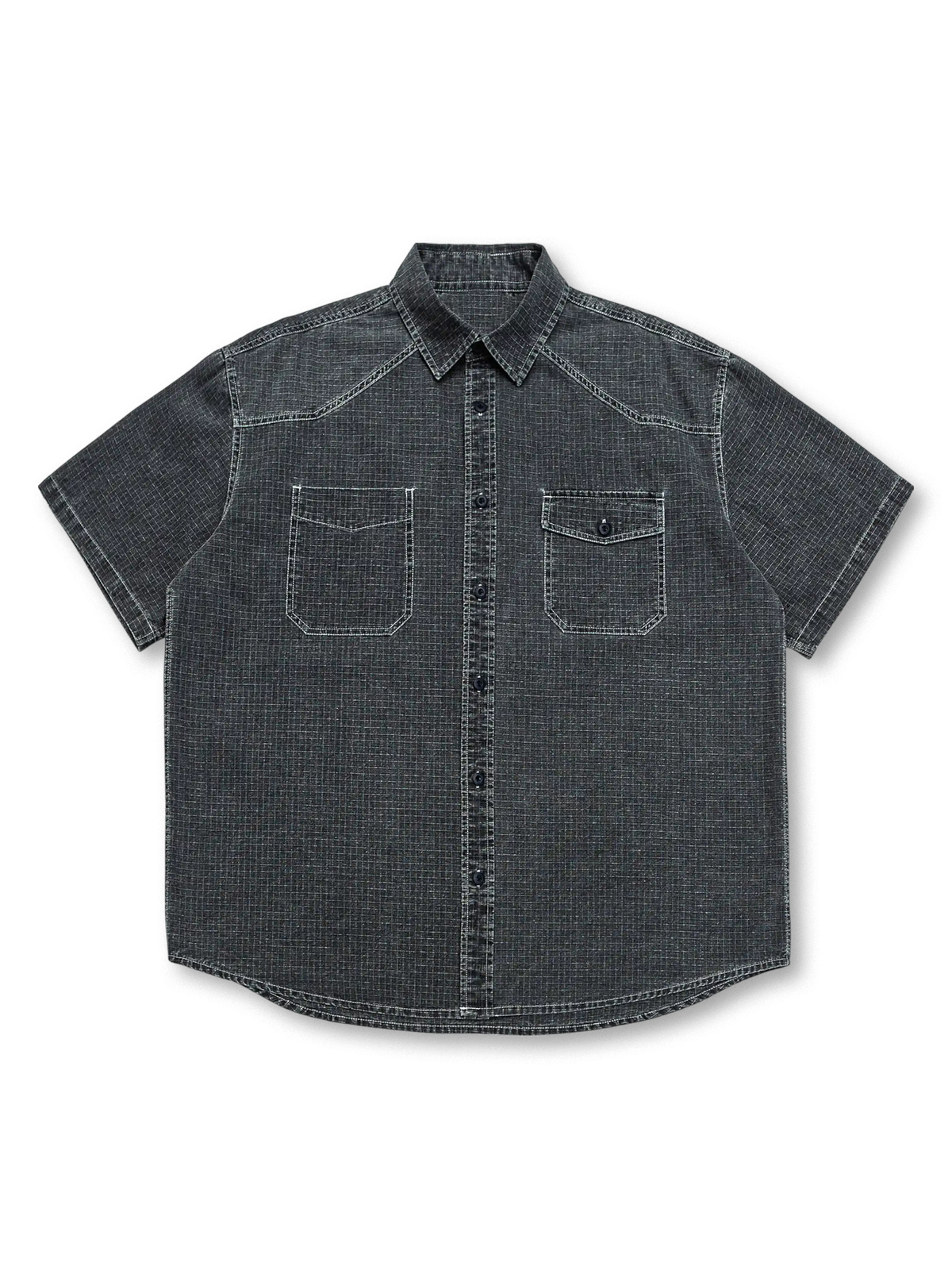 酵素洗いで色落ちさせたグリッド織りコットン生地の多ポケット半袖シャツ、男女兼用のリラックスシルエット