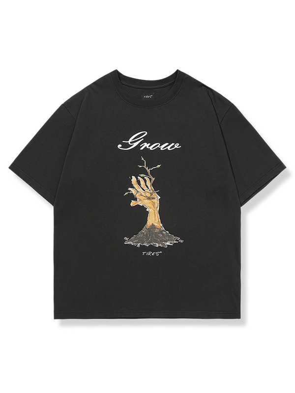 「Grow」プリントの半袖Tシャツ、成長と生命力を象徴し、ゆったりシルエットで夏に快適な純綿素材使用