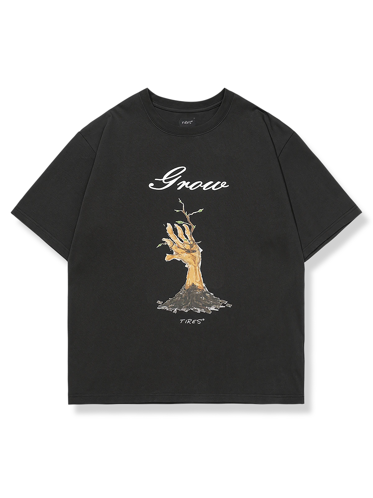 「Grow」プリントの半袖Tシャツ、成長と生命力を象徴し、ゆったりシルエットで夏に快適な純綿素材使用