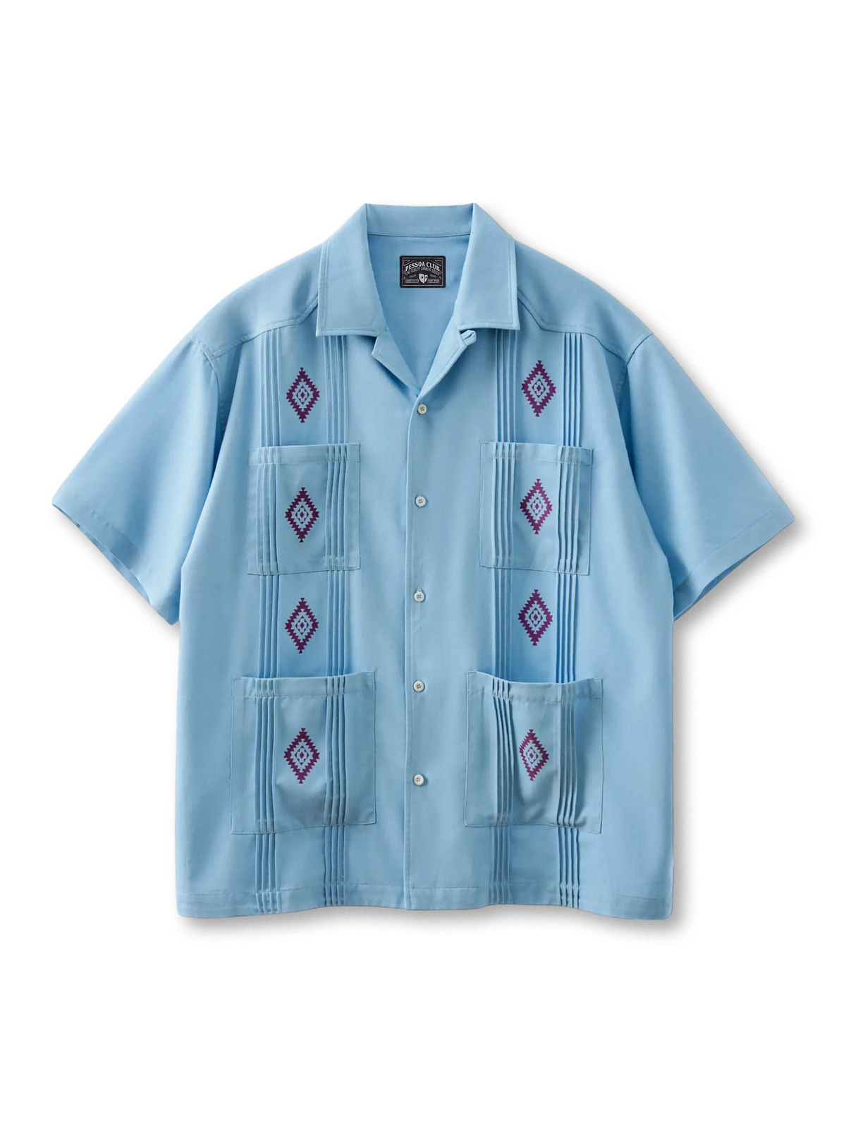 デニムライク生地にカラープリントを施した4ポケットグアヤベラキューバカラーシャツ
