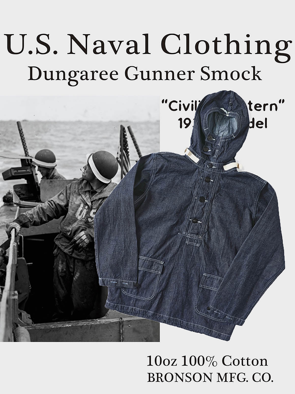 製品画像: 迷彩柄ツイルデニム生地の砲兵防護プルオーバーパーカー復刻バージョンの正面画像。
詳細画像: 大きなフードと三層前立てデザインのディテール特写。機能性とヴィンテージ感が際立つディテール。