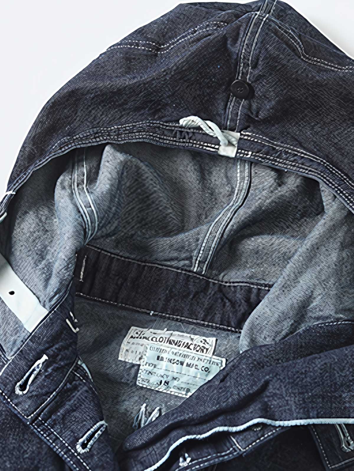 製品画像: 迷彩柄ツイルデニム生地の砲兵防護プルオーバーパーカー復刻バージョンの正面画像。
詳細画像: 大きなフードと三層前立てデザインのディテール特写。機能性とヴィンテージ感が際立つディテール。