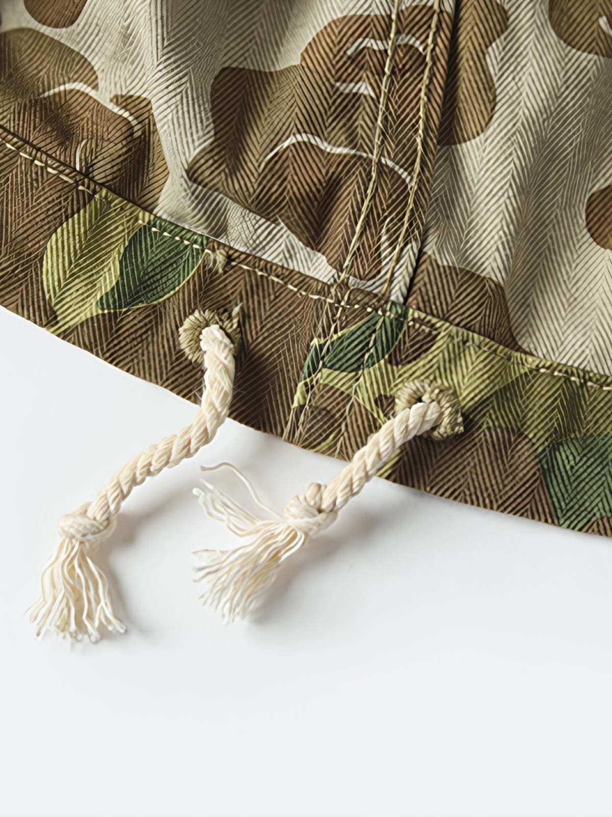 製品画像: 迷彩柄ツイルデニム生地の砲兵防護プルオーバーパーカー復刻バージョンの正面画像。
詳細画像: 大きなフードと三層前立てデザインのディテール特写。機能性とヴィンテージ感が際立つディテール。
