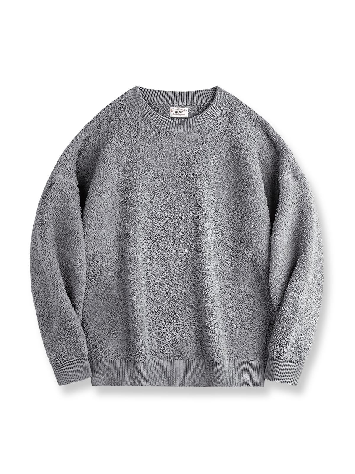 ショートフリース素材のハーフフリースクルーネックセーター。ドロップショルダーとヴィンテージ風シルエットを特徴とする秋冬向けアイテム。