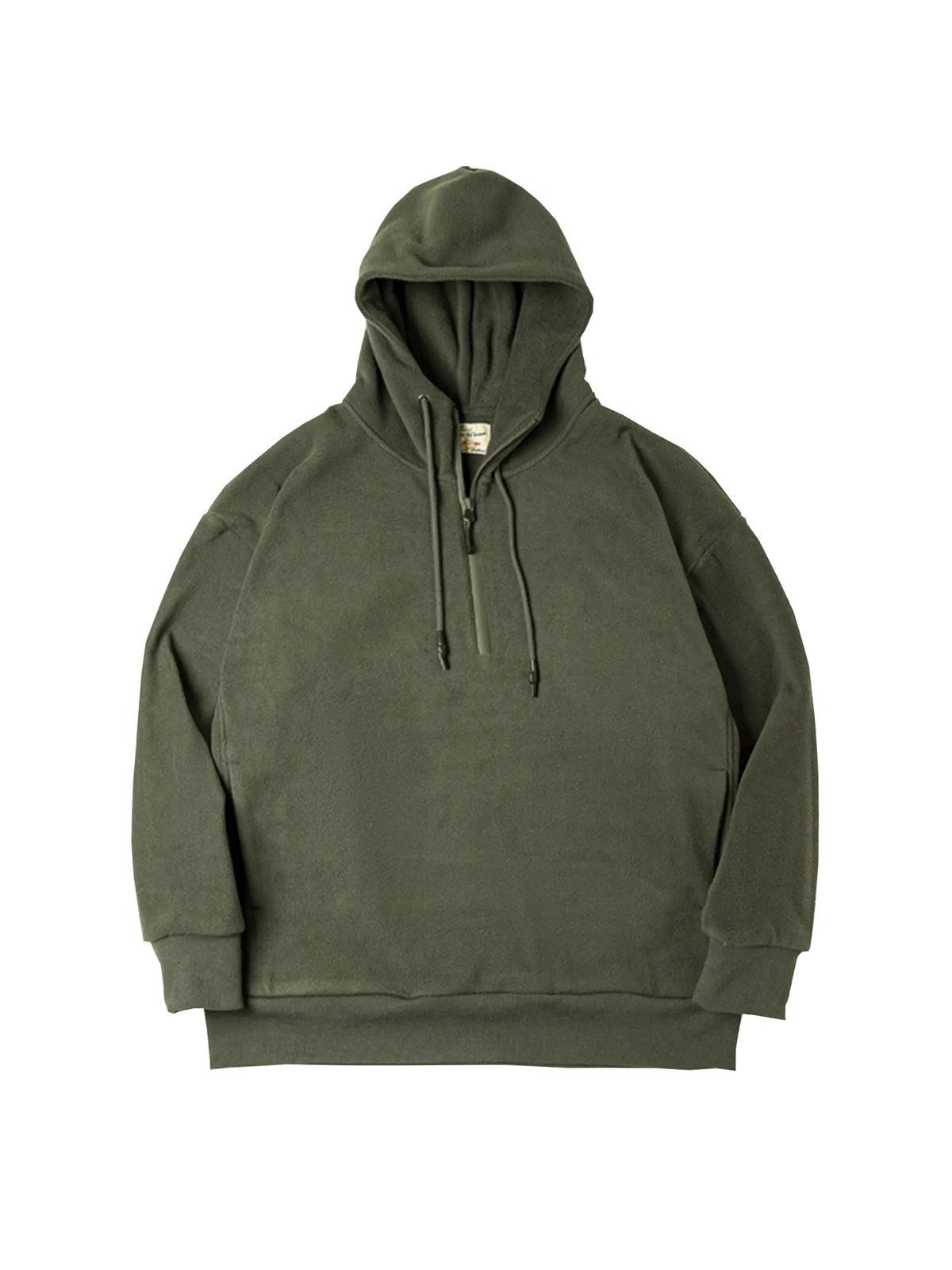  両面フリース素材のハーフジップパーカー。ハイネックで防風性を強化し、防水圧着ジップとカンガルーポケットを備えたアーミーグリーンとダークグレーのユニセックスデザイン。