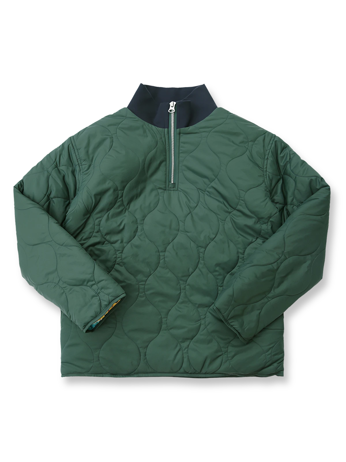 油絵風プリント裏地と防風素材を備えたハーフジッププルオーバー中綿ジャケット