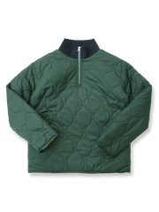 油絵風プリント裏地と防風素材を備えたハーフジッププルオーバー中綿ジャケット