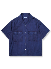 古法草木染めによる四つポケット付き半袖シャツの前面が見える商品画像