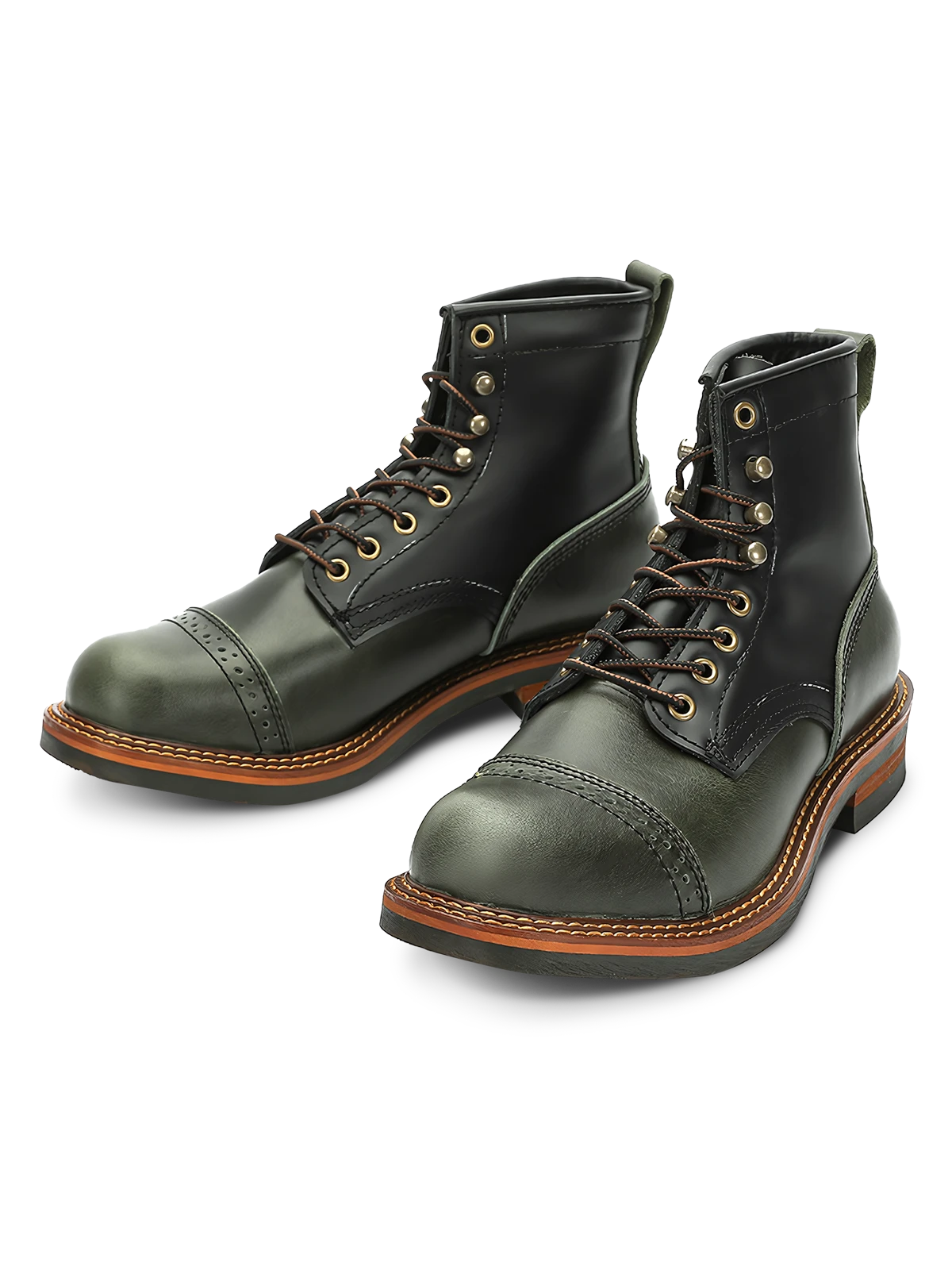 ハイカットと金属補強ホールが特徴の職人手作りトップレイヤー牛革ブーツ。