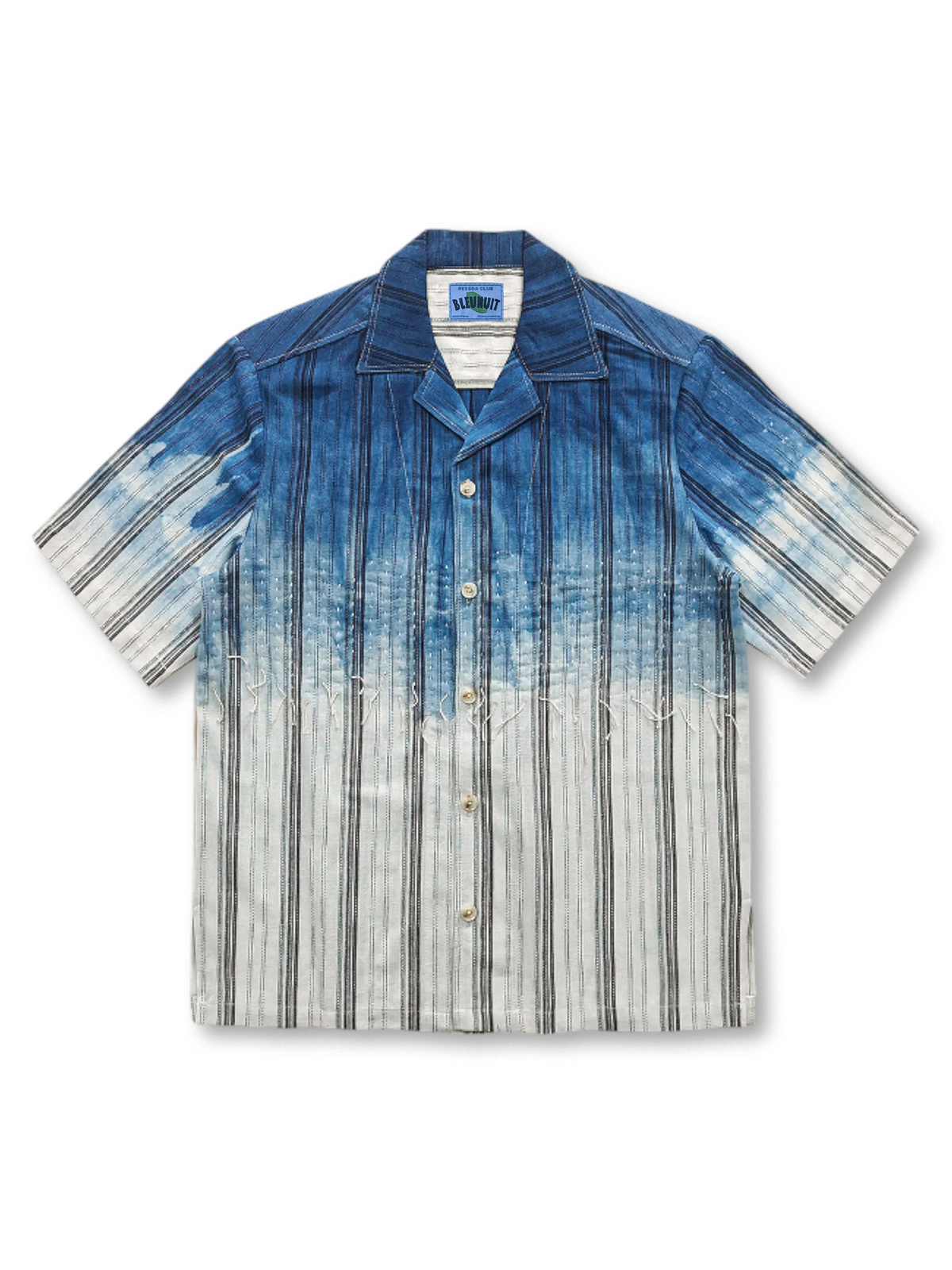 自然藍染めと刺し子刺繍が施された綿麻ストライプグラデーションキューバシャツ