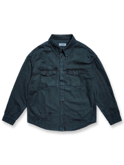 植物染めのインディゴブルーとパッチワーク、ヘリンボーンツイル生地を組み合わせた手作り長袖シャツ。