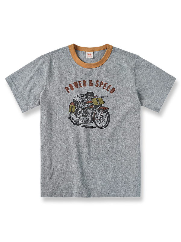 ハーレーダビッドソングラフィックと「POWER AND SPEED」「NON STOCK MC」「AMAエンブレム」「IRON HORSE」プリントが施された255gコットンTシャツ