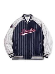 1960年代ハーバード大学野球部のヴィンテージベースボールジャケット。クラシックなストライプ切り替えと立体刺繍、特製真鍮ジッパーが特徴。