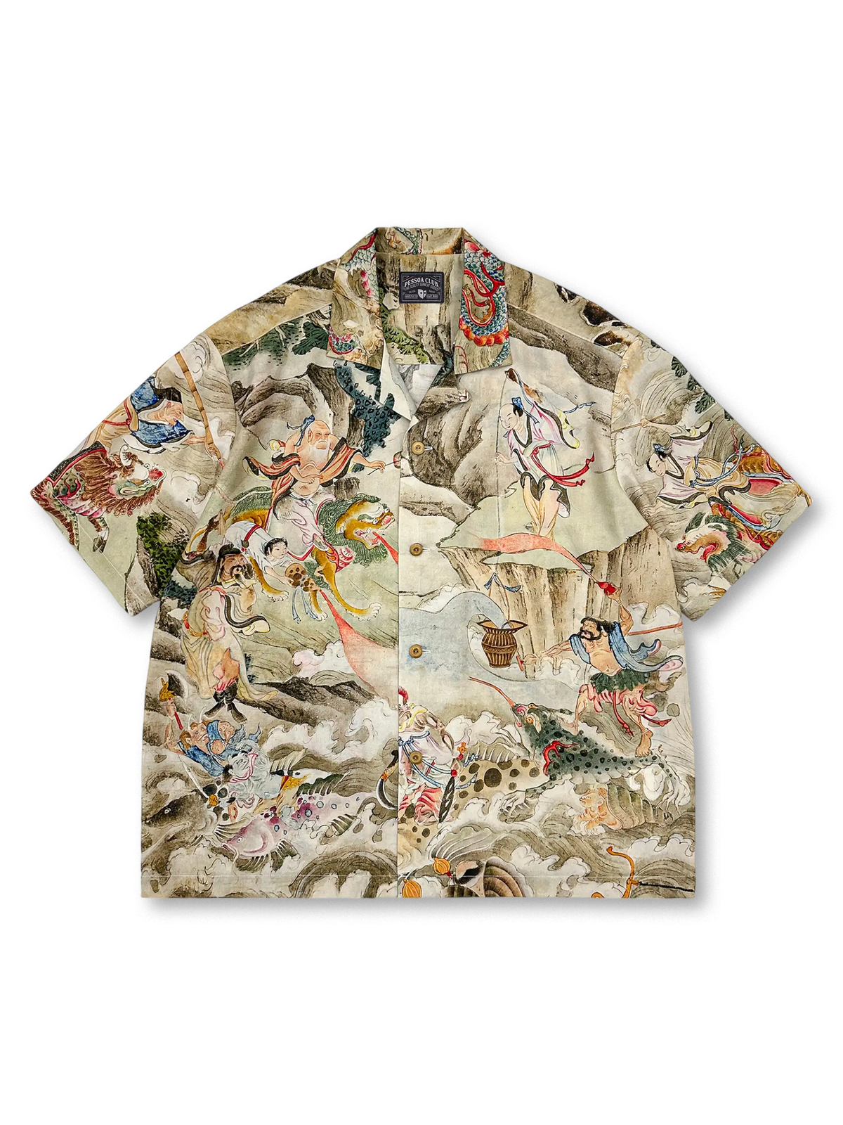 中国神話「八仙過海」の細密デジタルプリントを施した、自然な光沢と優れたドレープ性が特徴のTENCEL®キューバシャツ。